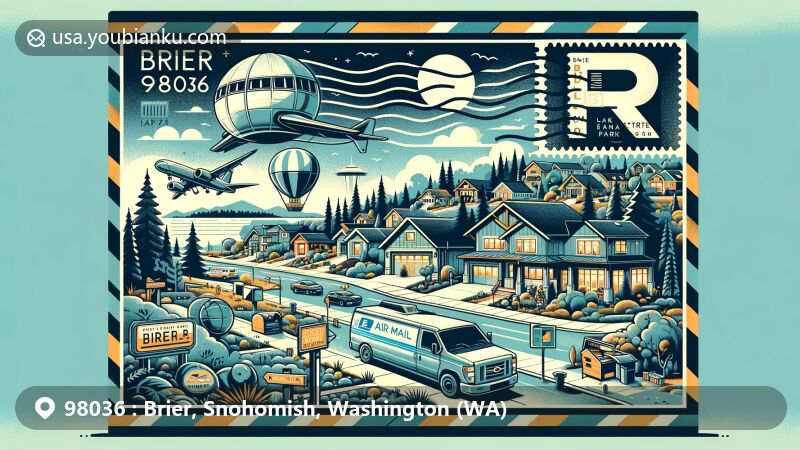 Modern illustration of Brier, Snohomish, Washington (WA), featuring suburban charm with large residential lots and single-family homes, framed within an airmail envelope with postal elements like a stamp and postmark of ZIP code 98036.