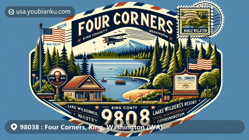 Modern illustration of the Four Corners area in King County, Washington, highlighting the region's natural and cultural heritage with Lake Wilderness, Gaffney's Grove history, and Lake Wilderness Arboretum, framed in a vintage postal theme.
