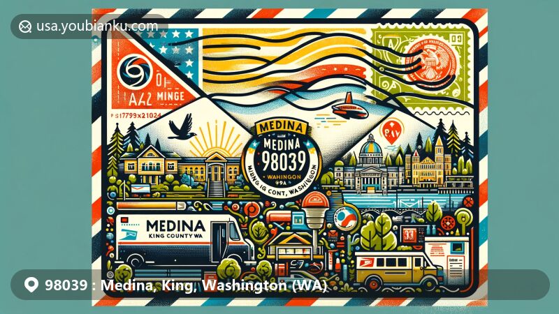 Modern illustration of Medina, King County, Washington, showcasing postal theme with ZIP code 98039, featuring symbolic landmarks and vintage airmail elements.