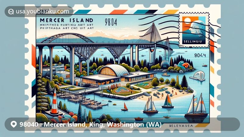 Modern illustration of Mercer Island, King County, Washington, showcasing unique geographical position linked by floating bridges to Seattle and Bellevue on Lake Washington, with vibrant public art reflecting community's engagement with arts and culture.