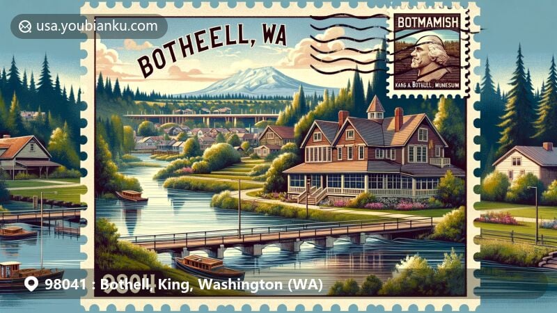 Modern illustration of Bothell, King County, Washington, featuring Sammamish River, Hannan House, Bothell Historical Museum, and postal theme with ZIP code 98041.