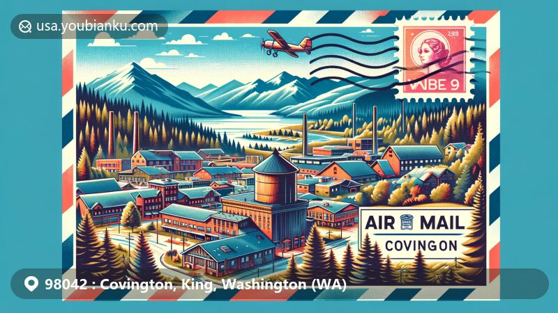Modern illustration of Covington, King County, Washington, showcasing scenic beauty against Cascade Mountains, featuring historical symbols like lumber mill and modern hospital, overlaid on air mail envelope with ZIP code 98042.