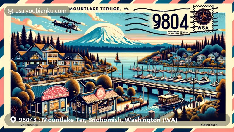 Modern illustration of Mountlake Terrace, Snohomish County, Washington, highlighting suburban charm and natural beauty against the backdrop of Lake Ballinger and Mount Rainier, featuring local landmarks and cultural elements.