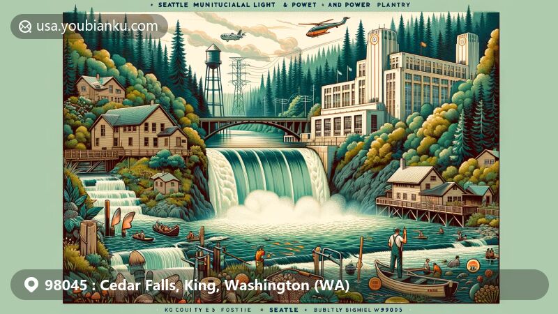 Modern illustration of Cedar Falls, King County, Washington, featuring Seattle Municipal Light and Power Plant, Upper Cedar Falls, vintage cottages, and masonry dam, with nods to indigenous history and natural resources.