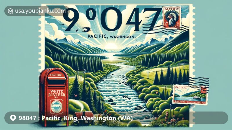 Modern illustration of Pacific, King County, Washington, highlighting postal theme with vintage postcard and state emblem, featuring White River and lush green landscapes typical of the Pacific Northwest.