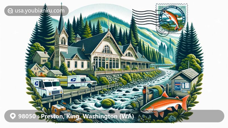 Modern illustration of Preston, King County, Washington, showcasing historic Vasa Hall, Tiger Mountain forest, and Raging River, reflecting Scandinavian heritage in logging community.