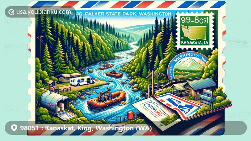 Modern illustration of Kanaskat, King County, Washington, highlighting Kanaskat-Palmer State Park's natural landscape and postal theme with zipcode 98051, featuring Washington state flag, King County outline, rafting and camping activities.