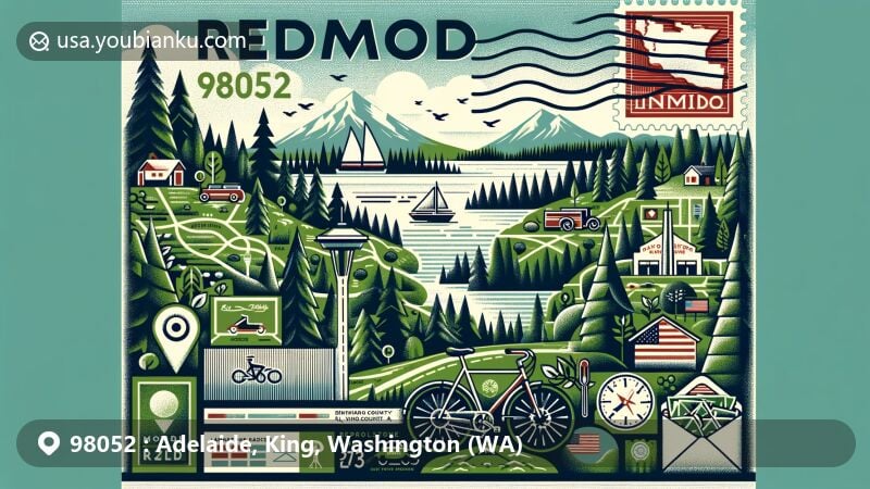 Modern illustration of Redmond, WA, 98052, showcasing Bicycle Capital identity, Microsoft and Nintendo landmarks, with postal stamp depicting ZIP code, mailbox, and delivery bike, set against lush green landscapes, Lake Sammamish silhouette, and evergreen trees.