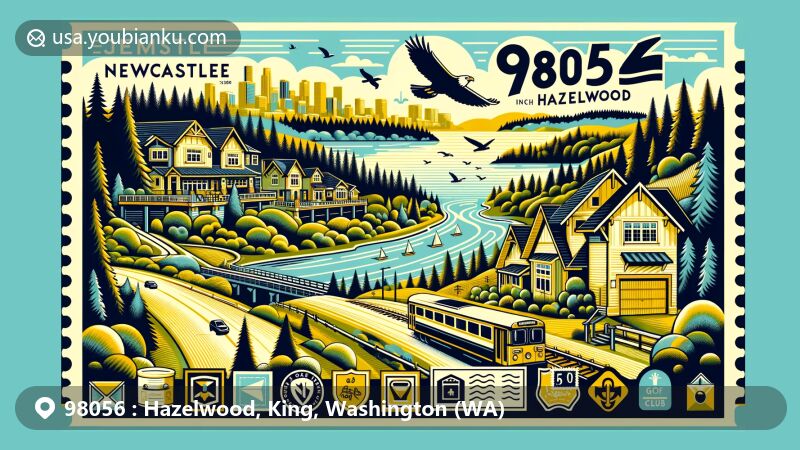 Modern illustration of Hazelwood, King County, Washington, representing ZIP code 98056, highlighting natural beauty, suburban living, and key landmarks like Lake Boren and Coal Creek.