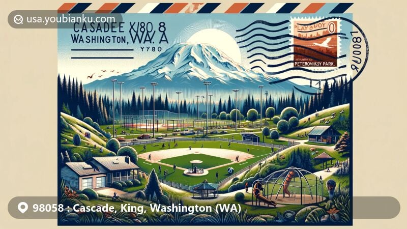 Modern illustration of Cascade, King County, Washington, showcasing postal theme with ZIP code 98058, featuring Mount Rainier, Petrovitsky Park, and local recreational amenities.