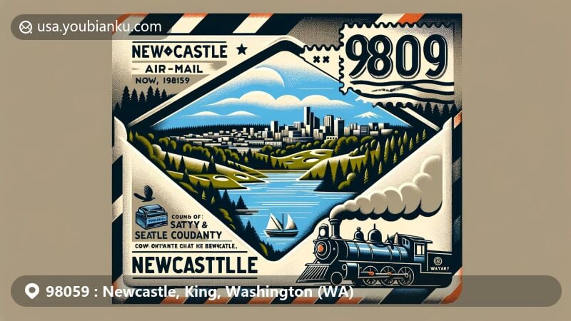 Modern illustration of Newcastle, King County, Washington, featuring vintage airmail envelope with ZIP code 98059, showcasing vibrant landscapes around Lake Boren, panoramic views of Seattle and Bellevue skyline from Newcastle Golf Club, and scenic beauty of Cougar Mountain. Includes subtle nods to Newcastle's coal mining heritage with elements like coal mining cart or miner's helmet, and a contemporary depiction of Newcastle Library representing community commitment to education and culture. Postal elements like stamps and postmarks reflect modern spirit of Newcastle, with stamp featuring Mount Rainier symbolizing Washington state icon.