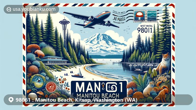 Modern illustration of Manitou Beach area in Kitsap County, Washington, featuring scenic beauty with Seattle and Mount Rainier in the background, lush forests, including spruces, cedars, maples, and possibly local wildlife, combined with vintage airmail envelope adorned with iconic Washington state landmarks like the Space Needle and Mount Rainier stamps, prominently displaying the zip code 98061.