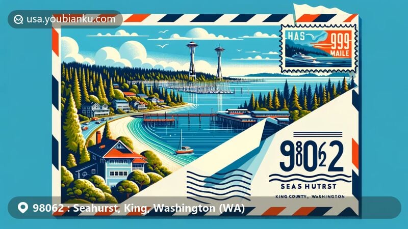 Modern illustration of Seahurst, King County, Washington, capturing Puget Sound's beauty with lush greenery and the Space Needle in a postcard-style design.