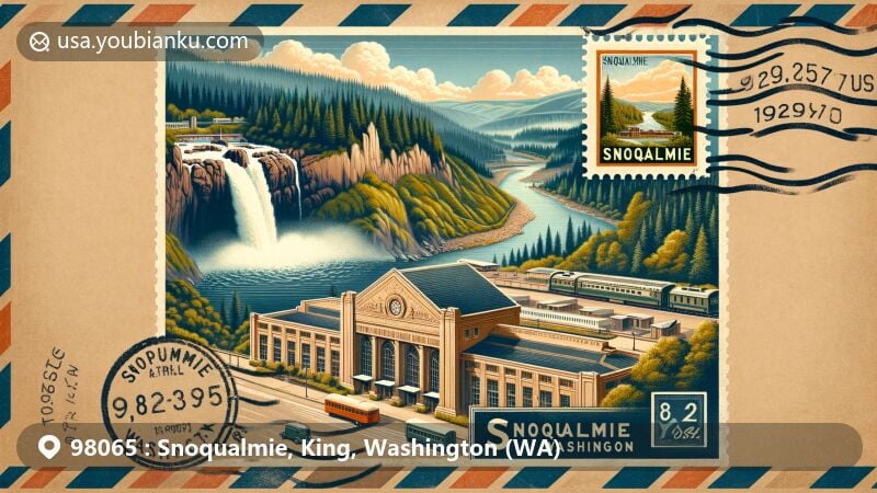 Vintage-style illustration of Snoqualmie, Washington, showcasing iconic Snoqualmie Falls, Historic Snoqualmie Depot, and lush landscape of Snoqualmie Valley, overlaid with elements of postal heritage including vintage stamp, postal mark, and airmail border.