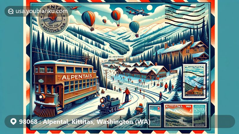 Creative illustration blending the winter sports landscape of Alpental with the historical railroad significance of Kittitas, featuring Chair 2 at Alpental, Milwaukee Road train, vintage trains, air mail envelope border, and stamps showcasing landmarks.