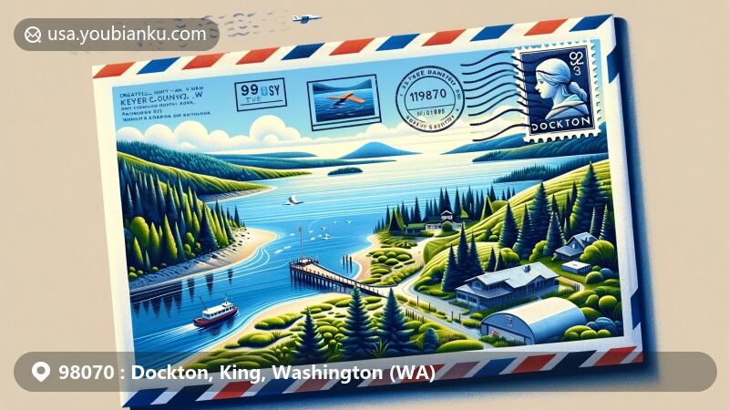 Modern illustration of Dockton area in King County, Washington, featuring a creatively designed airmail envelope showcasing Dockton Park, Maury Island, Quartermaster Harbor, and Washington state flag.