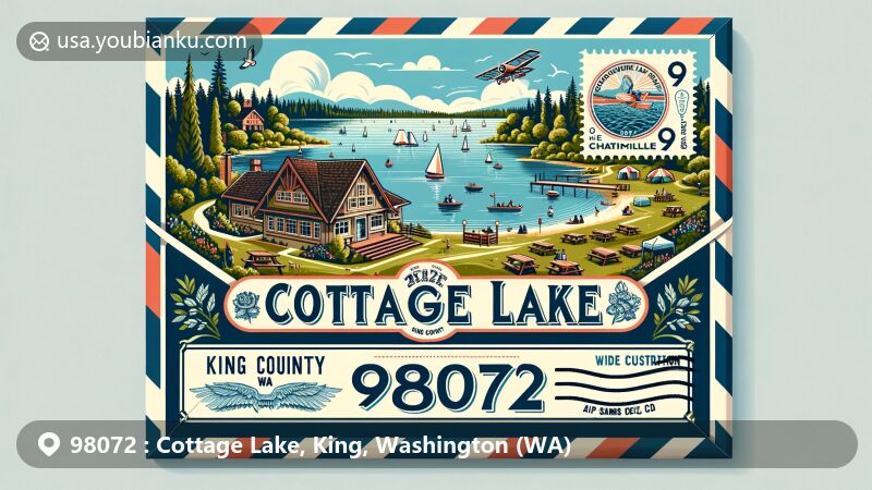 Modern illustration of Cottage Lake, King County, Washington, in the form of an airmail envelope, featuring Cottage Lake Park with boating and fishing, lush greenery, picnic area, and Woodinville Wine Country stamp, emphasizing the area's community, nature, and winemaking culture.