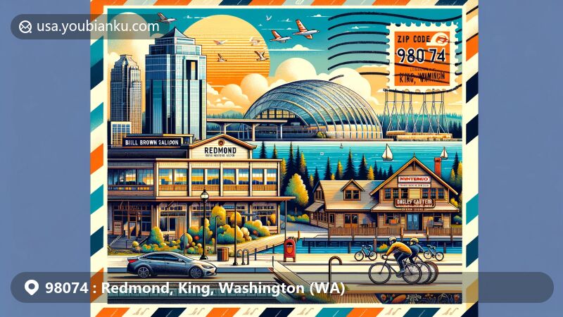 Modern illustration of Redmond, King, Washington, with ZIP code 98074, showcasing technology industry with Microsoft and Nintendo buildings, Redmond's history with Bill Brown Saloon and Dudley Carter Haida House, and city's reputation as 'Bicycle Capital of the Northwest' with velodrome and bicycles, set against backdrop of Lake Sammamish and Sammamish River, creatively overlaid on postal theme with airmail envelope, postal marks, ZIP code label, and iconic Redmond images.
