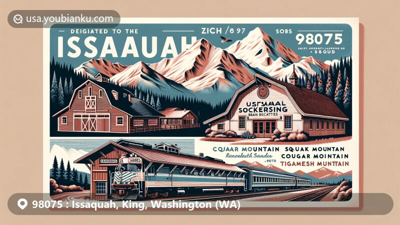 Modern illustration of Issaquah, Washington, ZIP code 98075, featuring Issaquah Alps, Pickering Barn, Issaquah Train Depot, Boehm’s Candies, Edelweiss Chalet, and Cougar Mountain Zoo silhouettes.