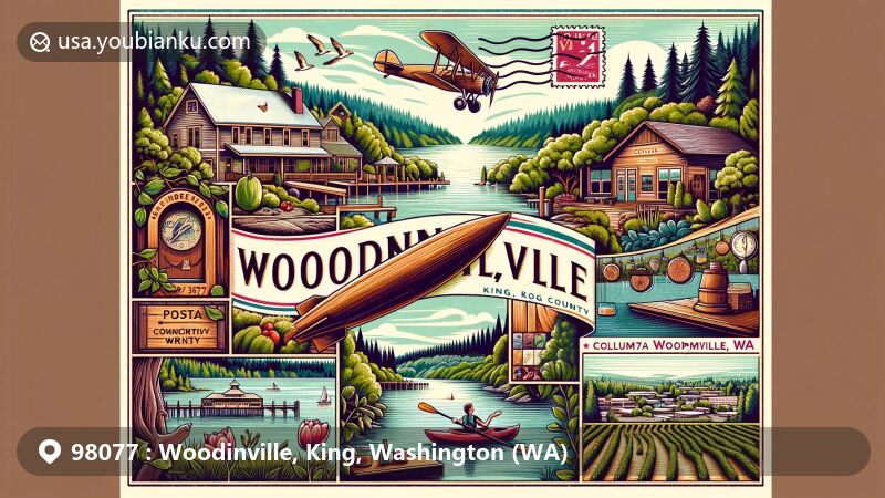 Modern illustration of Woodinville, WA, featuring vintage postcard design showcasing '98077 Woodinville, WA', surrounded by symbols of the area including Paradise Valley Conservation Area, wineries like Chateau Ste. Michelle, Columbia Winery, Cottage Lake, and Sammamish River.