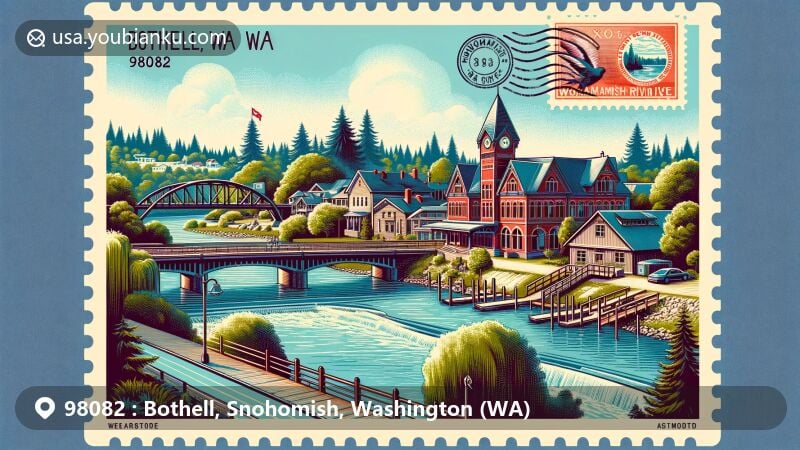 Modern illustration of Bothell, Snohomish County, Washington, showcasing historic landmarks like Bothell Historical Museum and Sammamish River, blending Washington's greenery and postal elements with a sunny backdrop.