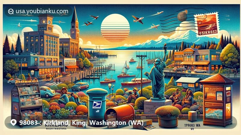 Modern illustration of Kirkland, King County, Washington, with downtown waterfront, Lake Washington, Peter Kirk Building, bronze sculptures, and postal-themed elements like vintage postcard, postage stamp, postal mark, and antique mailbox.