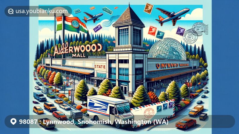 Modern illustration of Lynnwood, Washington, featuring Alderwood Mall and Washington state flag, integrating postal themes with vintage air mail envelope, postage stamps, and postal truck.