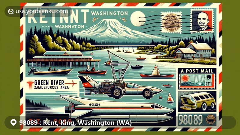 Modern illustration of Kent, Washington, highlighting natural beauty, racing heritage, space exploration, and postal theme with ZIP code 98089, featuring Green River Natural Resources Area, Hydroplane and Raceboat Museum, Boeing lunar rover, and postal elements.