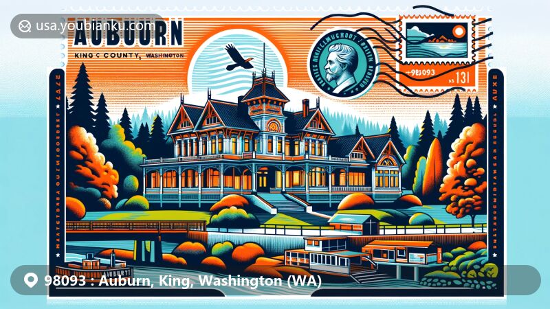 Modern illustration of Auburn area, King County, Washington, showcasing postal theme with ZIP code 98093, featuring iconic Neely Mansion, Muckleshoot heritage, and White and Green Rivers.