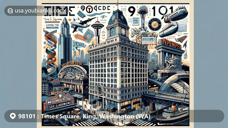 Modern illustration of Times Square, King, Washington area, highlighting architectural elegance and cultural richness, featuring Space Needle, Ballard Locks, Pioneer Square, Saint James Cathedral, and Museum of Pop Culture.