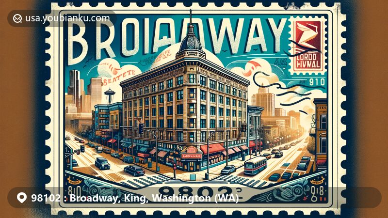 Modern illustration of the Broadway area in Seattle, Washington, highlighting ZIP code 98102 and its urban and cultural vibrancy with Capitol Building Apartments and postal elements.