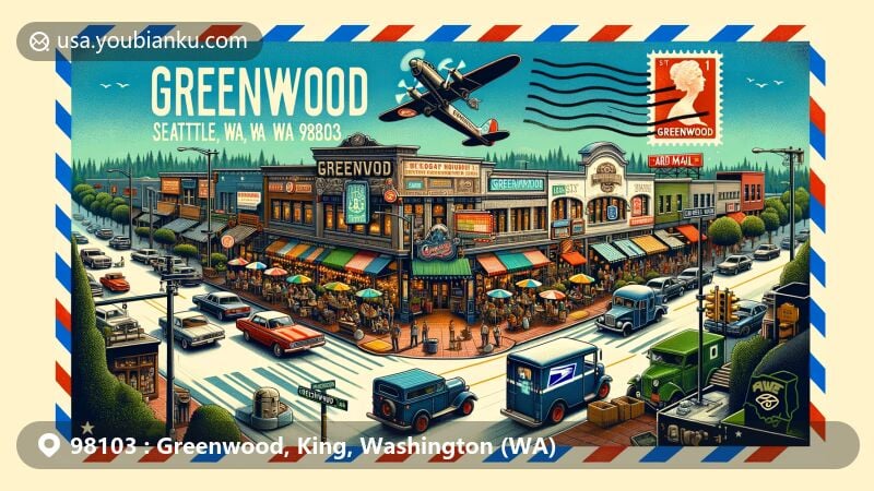Modern illustration of Greenwood neighborhood in Seattle, Washington, with ZIP code 98103, featuring vibrant commercial hub at Greenwood Avenue North and North 85th Street, including bars, restaurants, theaters, and specialty stores.