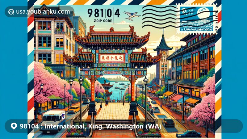 Modern illustration of 98104 ZIP code area in Seattle, Washington, showcasing vibrant Chinatown-International District with Historic Chinatown Gate, Hing Hay Park, Kobe Terrace, and airmail theme.
