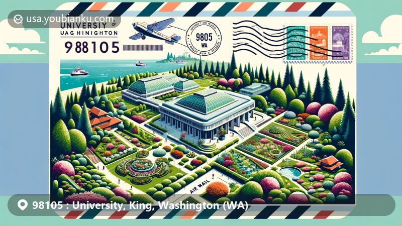Contemporary illustration of ZIP Code 98105 in Seattle, WA, showcasing University of Washington's Arboretum and Horticulture Center within an air mail envelope with stamps and postmark.
