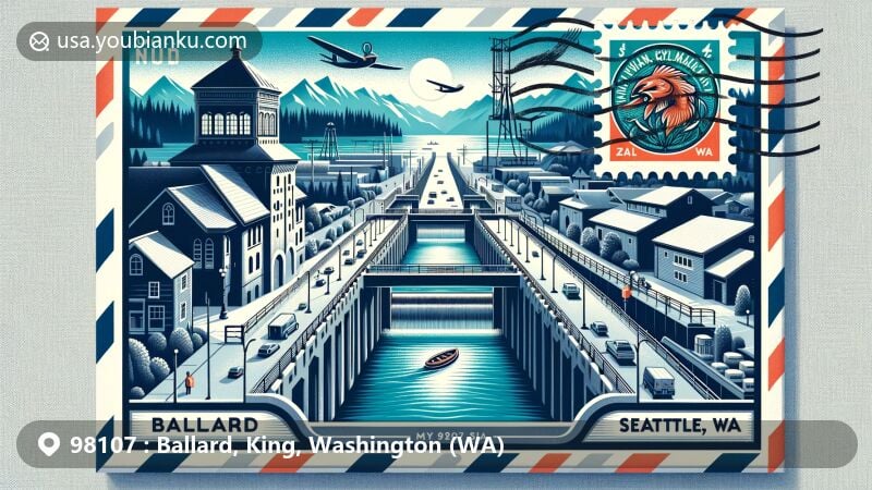 Modern illustration of Ballard neighborhood in Seattle, Washington, highlighting Ballard Locks, National Nordic Museum, and Olympic Mountains, with a postal theme featuring air mail envelope and salmon symbol.