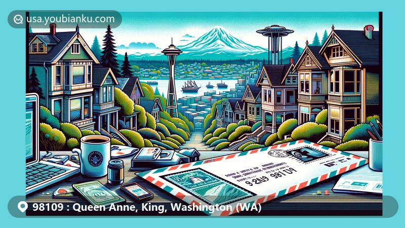 Modern illustration of Queen Anne, King, Washington (WA), representing ZIP code 98109, showcasing iconic Space Needle and Queen Anne architectural style, with Mount Rainier in the backdrop.