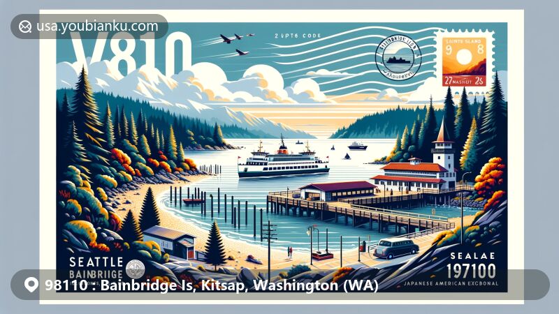 Modern illustration of Bainbridge Island, Washington, highlighting ZIP code 98110, featuring Seattle-Bainbridge ferry on Puget Sound, lush forests, beaches, and Bainbridge Island Japanese American Exclusion Memorial.