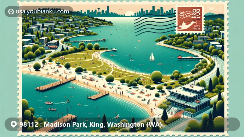 Modern illustration of Madison Park, Seattle, Washington, showcasing lush green spaces, swimming beach, public dock, and playground areas with Lake Washington backdrop. Postal theme includes vintage postcard overlay with Space Needle design and ZIP code 98112.