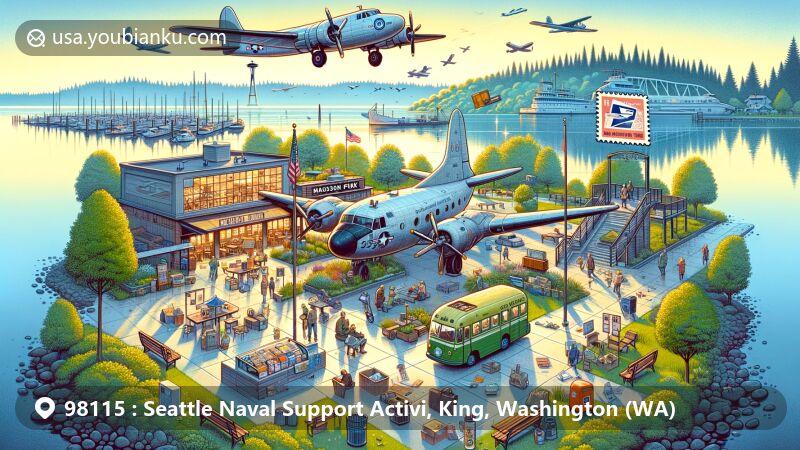 Modern illustration of Seattle's Naval history and postal features at Magnuson Park, showcasing an old naval airplane repurposed into a community space, surrounded by postal elements like air mail envelope, Space Needle stamp, and postal carrier's bag.