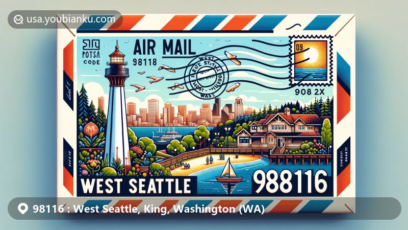 Modern illustration of West Seattle, ZIP code 98116, combining postal and regional features with air mail envelope backdrop showcasing Lincoln Park, Alki Point Lighthouse, and Seattle skyline stamp.