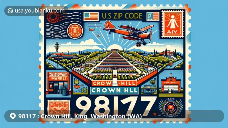 Modern illustration of Crown Hill, King County, Washington, with a postal-themed frame for ZIP code 98117, embodying local symbols like Crown Hill Cemetery and Metropolitan Market.