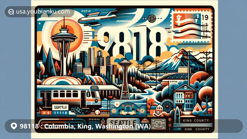 Modern illustration of ZIP Code 98118 area in Seattle, Washington, featuring iconic Space Needle and postal elements, reflecting city's cultural identity.