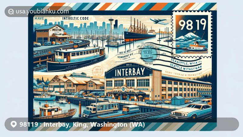 Modern illustration of Interbay, Seattle, Washington, portraying ZIP code 98119 with elements of historic railways, maritime heritage, industrial past, and modern developments like D Line and Expedia office complex.