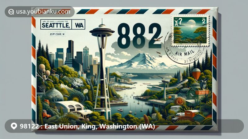 Modern illustration of Seattle, Washington 98122 ZIP code area, showcasing iconic Space Needle, lush greenery, and waterfront, symbolizing city's skyline, nature, and water connection.