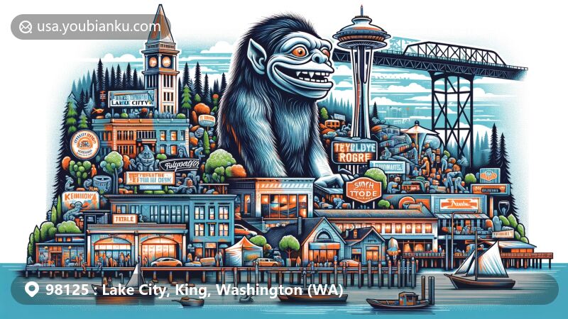 Modern illustration of Lake City area in King County, Washington, featuring historic bar scene like Jolly Roger, iconic Fremont Troll representing public art commitment, Seattle Art Museum showcasing cultural excellence, and homage to Seattle architecture with Smith Tower. Background integrates lush natural beauty of Washington state, highlighting the contrast between urban development and natural landscapes, with postal elements like airmail envelope border, stamp with landmarks, and postal truck/mailbox.