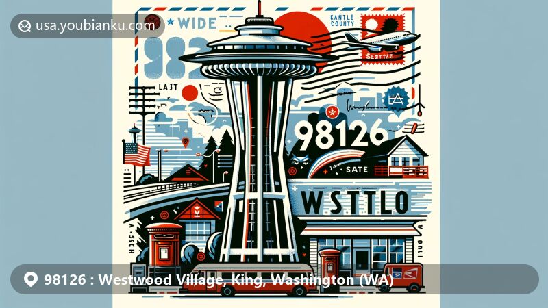 Modern illustration of Westwood Village, Seattle, Washington, vividly featuring the Space Needle and postal-themed elements including a vintage-style airmail envelope, Washington state flag postage stamp, and '98126 Westwood Village, WA' postmark.