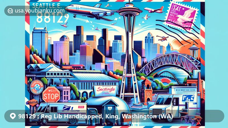 Modern illustration of Seattle, Washington, inspired by ZIP code 98129, featuring iconic landmarks like the Space Needle, Pike Place Market, and Ballard Locks.