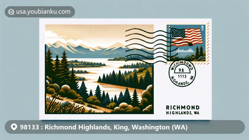 Modern illustration of Richmond Highlands Park in Washington state, with a postcard design featuring the area's natural beauty and postal elements.