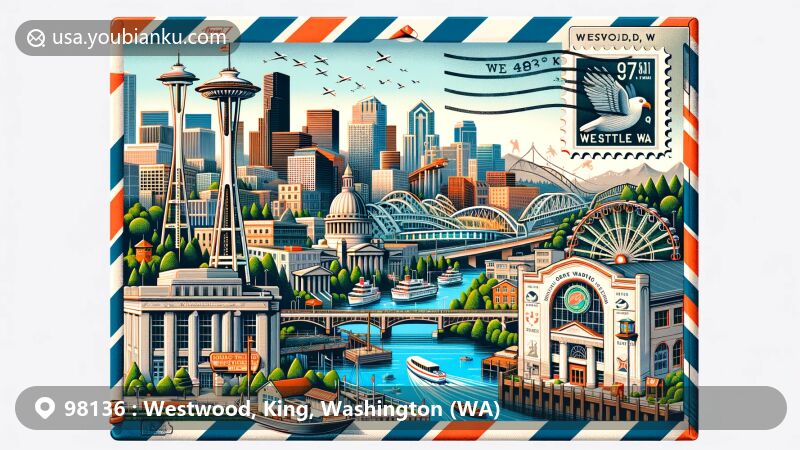 Modern illustration of Westwood, King, Washington, featuring Seattle skyline landmarks and postal elements, including Space Needle, Pioneer Square, T-Mobile Park, and vintage mailbox, in a creative airmail envelope design.