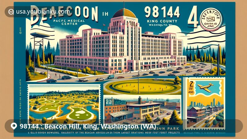 Modern illustration of Jefferson Park, Beacon Hill, King County, Washington, featuring the iconic Pacific Medical Center with Art Deco and Streamline Moderne architectural details, Jefferson Park with golf course and community projects, and postal elements like ZIP code 98144.